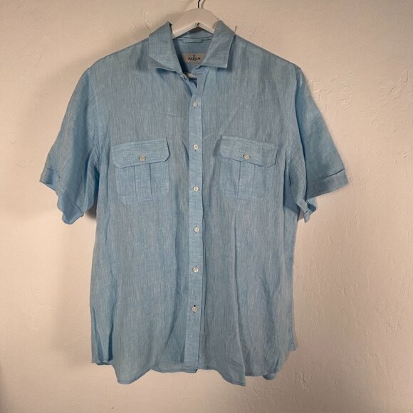 Aqua Toscano Mens Light Blue Short Sleeve Button-Up Linen Shirt Large Casual - Picture 1 of 7
